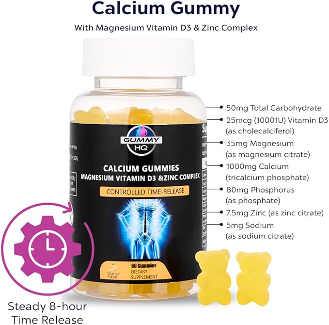 Calcium Gummies - Supports Calcium Levels - Vitamin D3, Magnesium, and Zinc - Fruit Juice Extract - Time-Release Formula - Supports Bone Strength - Gluten Free