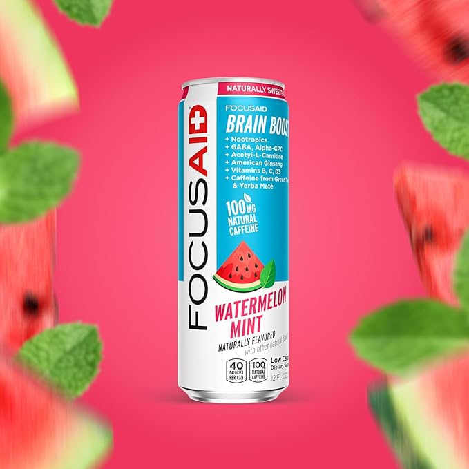 FOCUSAID Energy Drink, Brain Boost, Juicy Watermelon, Nootropics, Alpha-GPC, GABA, B-Complex, 100mg Caffeine, Yerba Mate, Green Tea, 100% Clean, No Artificial Sweeteners, 12 Oz(Pack of 12)