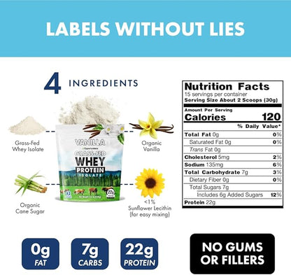 Opportuniteas Grass Fed Vanilla Whey Protein Isolate Powder - 22g Protein Powder Without Artificial Sweeteners, Hormone-Free Cows, Non GMO - 5lb