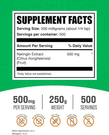 BulkSupplements.com Naringin Extract Powder - Sourced from Citrus Fruit, Naringin Supplement - Herbal Supplement, Gluten Free, 500mg per Serving, 250g (8.8 oz) (Pack of 1)