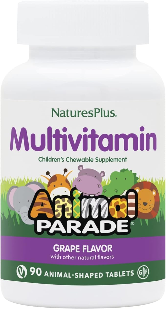 Natures Plus Animal Parade Children's Chewable Multivitamin - Grape Flavor - 90 Animal-Shaped Tablets - Promotes Health & Well-Being - Vegetarian, Gluten Free - 45 Servings