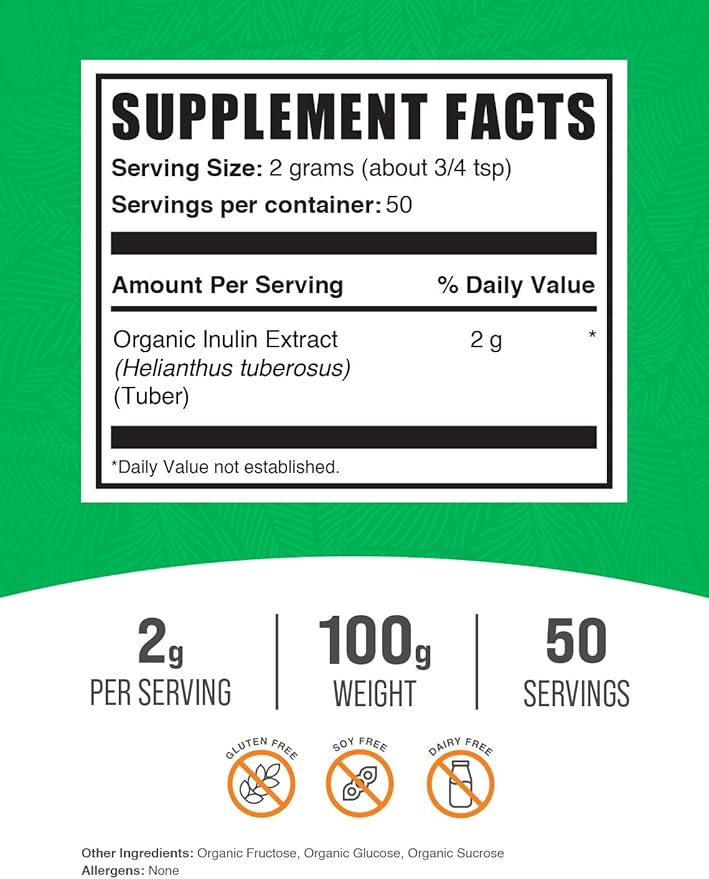 BulkSupplements.com Organic Inulin Extract Powder - Fiber Supplement, Herbal Supplement - Inulin Powder Organic, Gluten Free - 2g per Serving, 100g (3.5 oz) (Pack of 1)