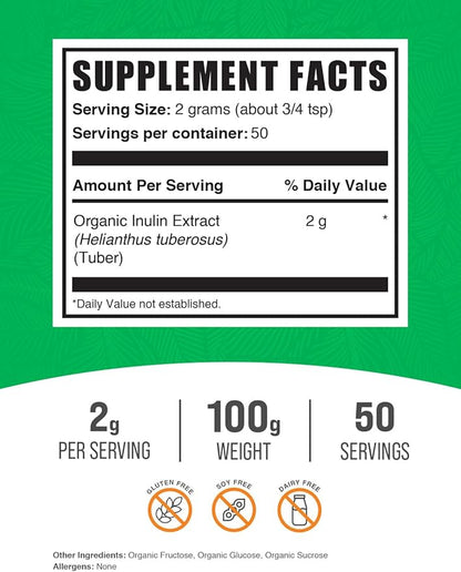 BulkSupplements.com Organic Inulin Extract Powder - Fiber Supplement, Herbal Supplement - Inulin Powder Organic, Gluten Free - 2g per Serving, 100g (3.5 oz) (Pack of 1)