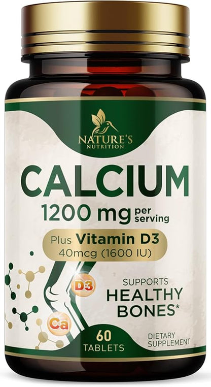 Calcium 1200 mg with Vitamin D3, Calcium Supplement Vitamins, Supports Bone Strength, Teeth & Immune System, Calcium Supplements for Women & Men, Nature's Absorbable Calcium Carbonate - 60 Tablets