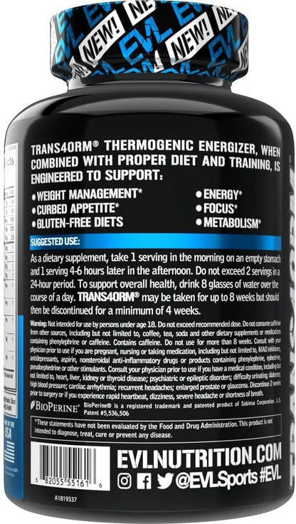 EVL Thermogenic Fat Burner Support - Fast Acting Weight Loss Energy and Appetite Support - Trans4orm Green Tea Fat Burner and Weight Loss Support Supplement for Men and Women - 60 Servings