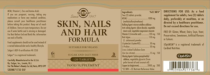 Solgar Skin, Nails & Hair, Advanced MSM Formula, 120 Tablets - Supports Collagen for Hair, Nail and Skin Health - Provides Zinc, Vitamin C & Copper - Non GMO, Vegan, Gluten & Dairy Free - 60 Servings