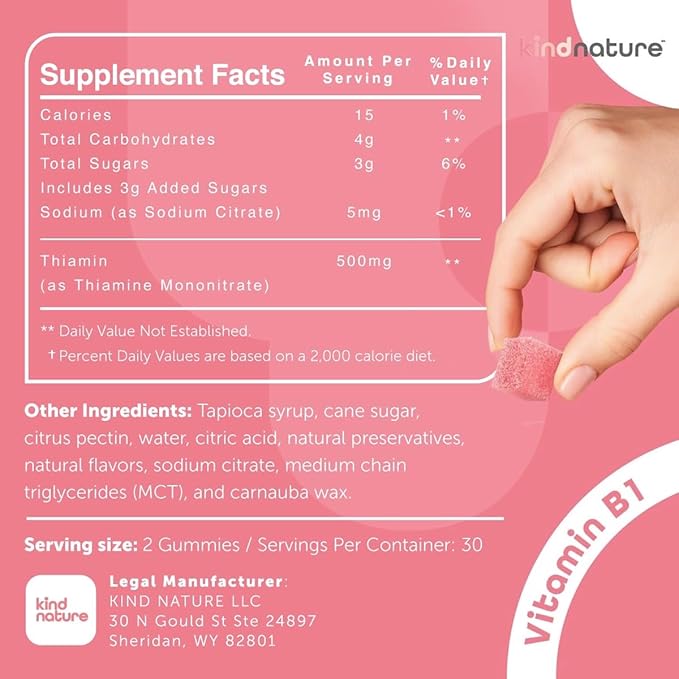 Kind Nature Vitamin B1 Gummies - Chewable Thiamine 500mg per Serving - Non GMO, Vegan, Natural Strawberry Flavor Thiamine B1 Supplement for Adults & Kids
