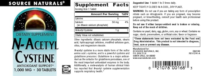 Source Naturals N-Acetyl Cysteine Antioxidant Support 1000 mg Dietary Supplement That Supports Respiratory Health* - 30 Tablets
