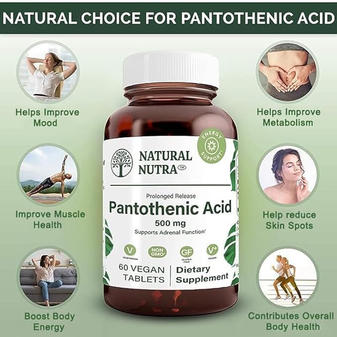 Natural Nutra Time Release Pantothenic Acid 500 mg, Vitamin B5 Supplement Helps Break Down Fat and Carbohydrates, Metabolism and Energy, Improve Muscle Health, Reduce Skin Spots, 60 Vegetarian Tablets