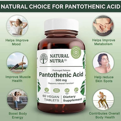 Natural Nutra Time Release Pantothenic Acid 500 mg, Vitamin B5 Supplement Helps Break Down Fat and Carbohydrates, Metabolism and Energy, Improve Muscle Health, Reduce Skin Spots, 60 Vegetarian Tablets