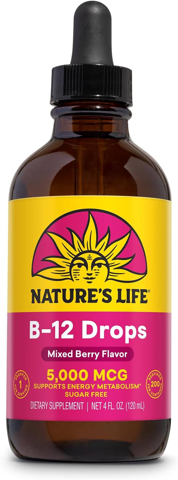 NATURE'S LIFE B12 Drops 5000 mcg - Vitamin B12 Methylcobalamin - Liquid B12 Supplement for Energy Metabolism, Nerve Function and Red Blood Cell Support – Natural Mixed Berry, Sugar Free, 200 Serv, 4oz