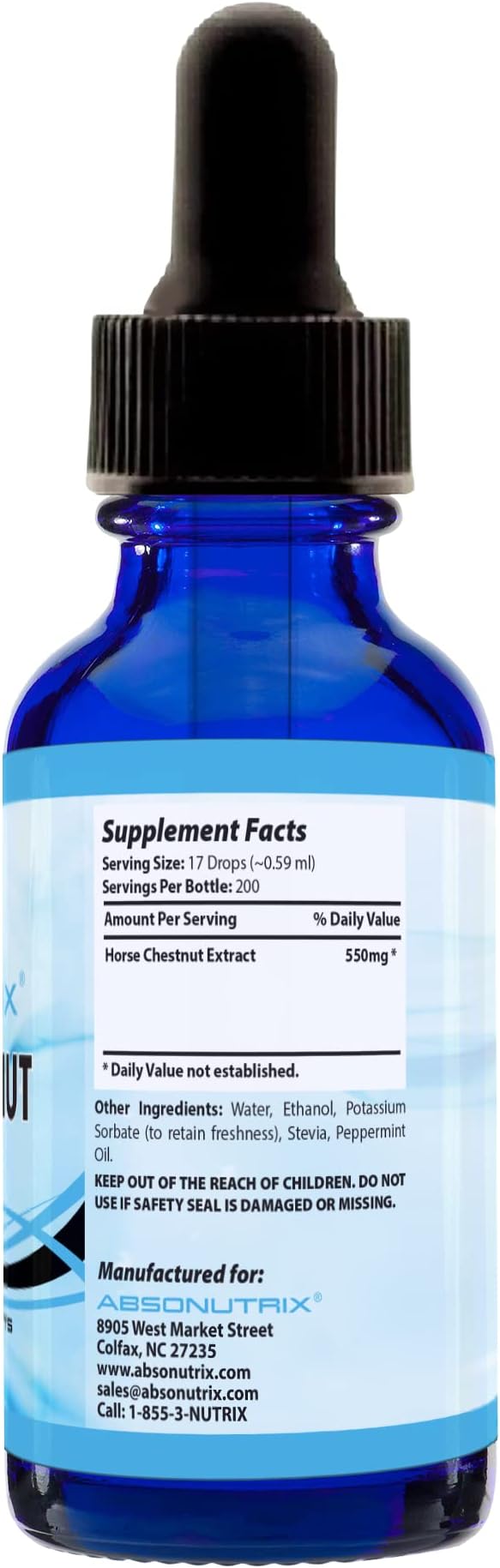 Absonutrix Horse Chestnut Extract 550 mg 4 Oz Drops, 200 Servings, Helps Detoxify, Improves Circulation, Third-Party Tested, General Health Support, Nutritional Boost, Made in USA