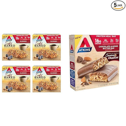 Atkins Soft Baked Energy Bars, Blueberry, 15g Protein,2g Sugar, Excellent Source of Fiber, Low Carb, 4 Packs (5 Bars Each) & Chocolate Almond Butter Protein Meal Bar, Keto Friendly, 5 Count