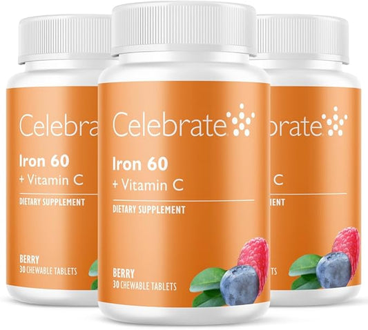 Celebrate Vitamins Iron Supplement with Vitamin C - 60mg Iron, 60mg Vitamin C, Bariatric Vitamins for WLS Patients, Vertical Sleeve & Gastric Bypass Surgery - Berry, 90 Chewable Tablets