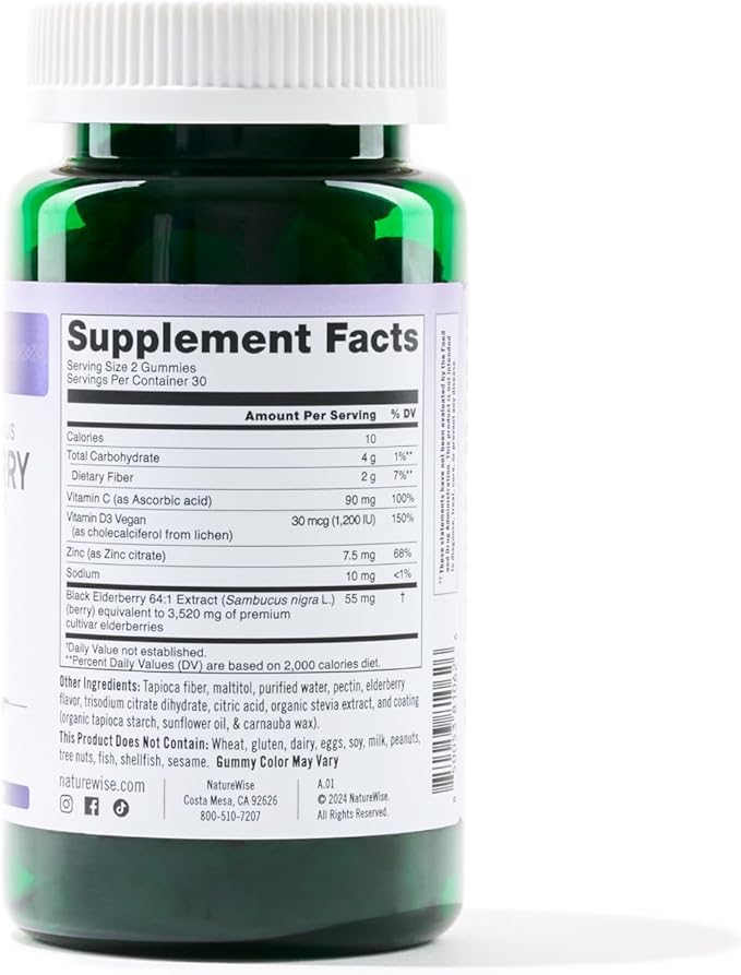 NatureWise Sambucus Elderberry Gummies - Sugar-Free - Daily Immune Support Supplement for Kids and Adults*, with Vitamin C, D3, Zinc - Vegan, Gluten Free, Non-GMO - 60 Count[1-Month Supply]