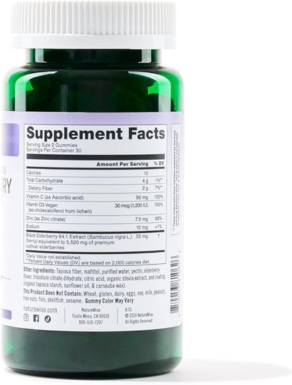 NatureWise Sambucus Elderberry Gummies - Sugar-Free - Daily Immune Support Supplement for Kids and Adults*, with Vitamin C, D3, Zinc - Vegan, Gluten Free, Non-GMO - 60 Count[1-Month Supply]