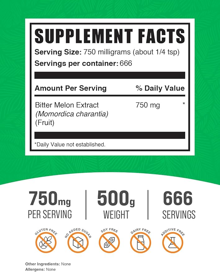 BulkSupplements.com Bitter Melon Extract Powder - Bitter Melon Supplement, Bitter Gourd Extract - Herbal Supplement, Gluten Free, 750mg per Serving, 500g (1.1 lbs) (Pack of 1)