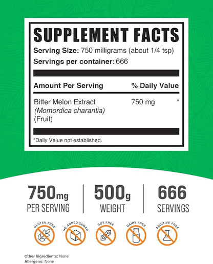 BulkSupplements.com Bitter Melon Extract Powder - Bitter Melon Supplement, Bitter Gourd Extract - Herbal Supplement, Gluten Free, 750mg per Serving, 500g (1.1 lbs) (Pack of 1)
