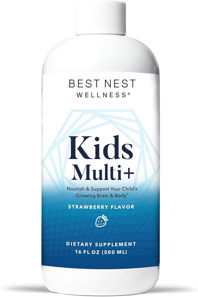 Best Nest Wellness Kids Liquid Multivitamin: Methylated Vitamins, Whole Food, Vegan, B12, Gluten-Free, Non-GMO Methylfolate Daily Liquid Vitamins for Kids with Immune Support -Strawberry Flavor, 16oz