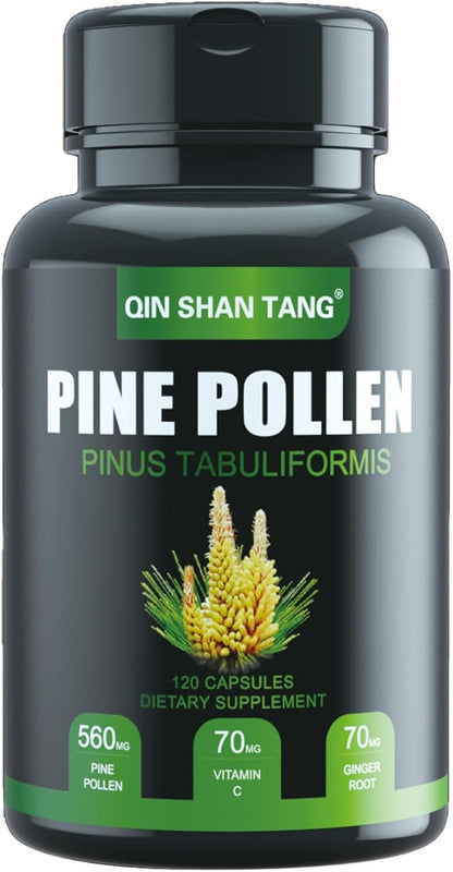 Pine Pollen Supplement wtih Ginger Root and Vitamin C, 99% Cracked Cell Wall,120 Veggie Capsules，Focus＆Immune Improve