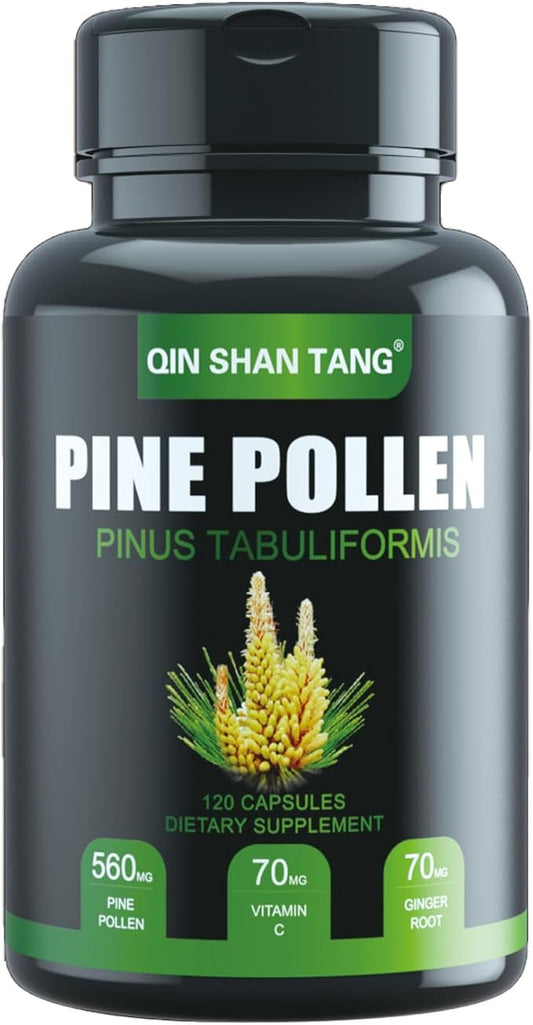 Pine Pollen Supplement wtih Ginger Root and Vitamin C, 99% Cracked Cell Wall,120 Veggie Capsules，Focus＆Immune Improve