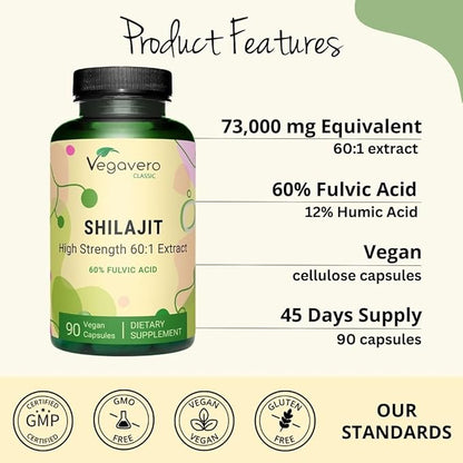 Pure Himalayan Shilajit Capsules | 73,000 mg | for Men and Women | with Fulvic and Humic Acid | NO Artificial Additives, Lab-Tested | 90 Capsules | Vegan