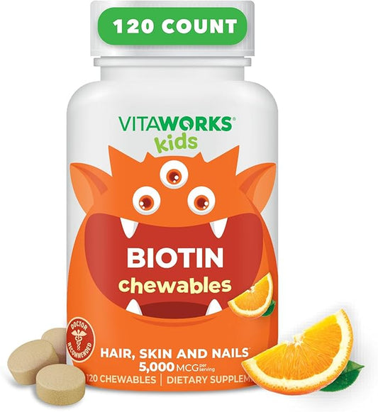 Kids Biotin 5000mcg Chewable Tablets | Tasty Biotin Supplement | Vegan Biotin Vitamins | Biotin for Hair Growth, Skin and Nail Heath | Hair Vitamins for Kids | 120 Chewables
