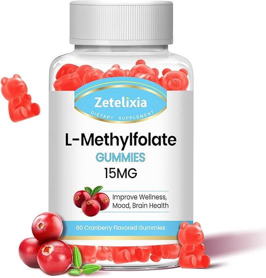 L-Methylfolate 15mg Gummies, Methylated Multivitamin with Methylated B12, Active 5-MTHF Form, Supports MTHFR Mutation, Methylation, Mood & Cognition, Vegan, Cranberry Flavor, 60 Cts