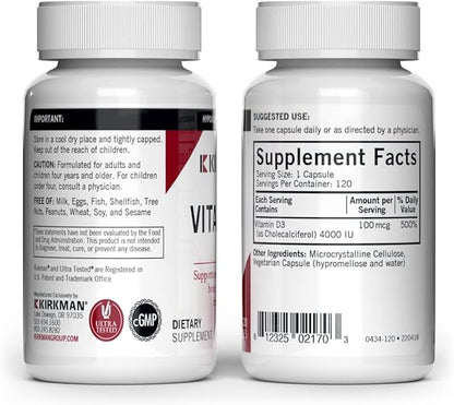 Kirkman - Vitamin D3 4000 IU - 120 Capsules - Supports Immune Health - Helps Build Strong Bones - Hypoallergenic