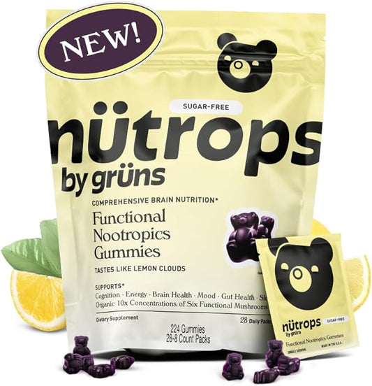 Gruns Nutrops, Sugar-Free Functional Nootropics Mushroom Gummies, Herbal Brain Supplement Gummy for Energy, Brain Health, Mood & Focus - Cordyceps, Lions Mane, Reishi, Maitake, Chaga & Coriolus Blend
