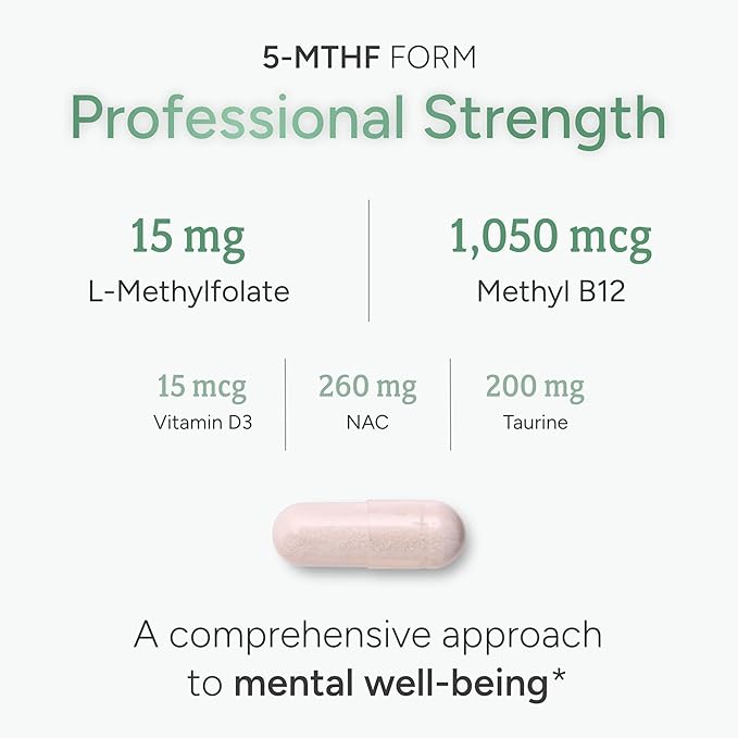 L-Methylfolate 15mg plus Methyl B12, D3, Taurine & NAC | 5-MTHF (Bioactive B9) Professional Strength | Methylated Vitamins to Support Mood, Nerve Health & Methylation* | MTHFR Supplement | 60 Capsules