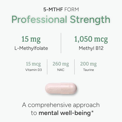 L-Methylfolate 15mg plus Methyl B12, D3, Taurine & NAC | 5-MTHF (Bioactive B9) Professional Strength | Methylated Vitamins to Support Mood, Nerve Health & Methylation* | MTHFR Supplement | 60 Capsules