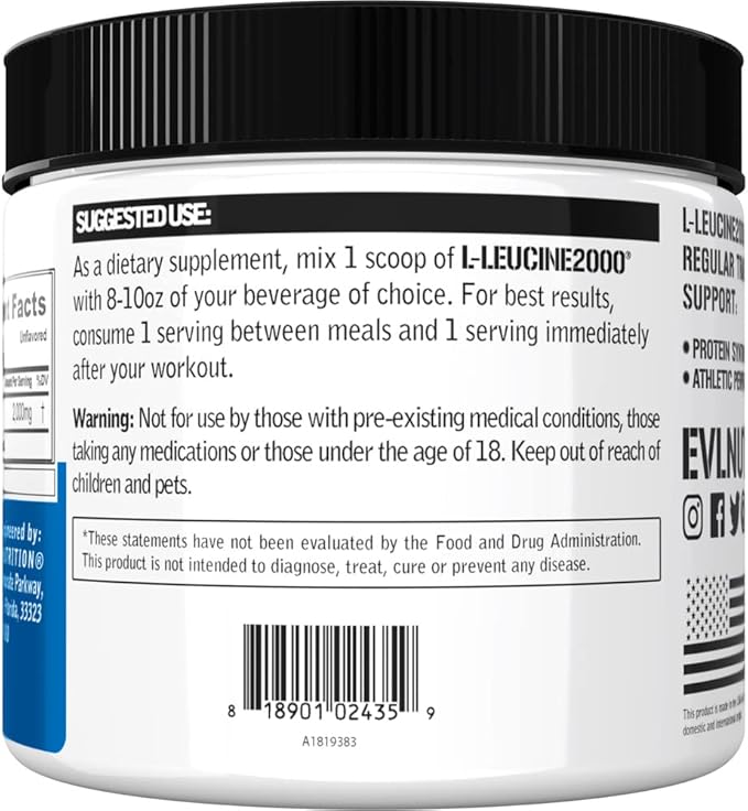Evlution Nutrition L-Leucine 2000 - Protein Synthesis, Recovery & Muscle Support - Performance & Energy - 2000mg L-Leucine - Gluten Free & Vegan - Unflavored Dietary Supplement Powder - 100 Servings