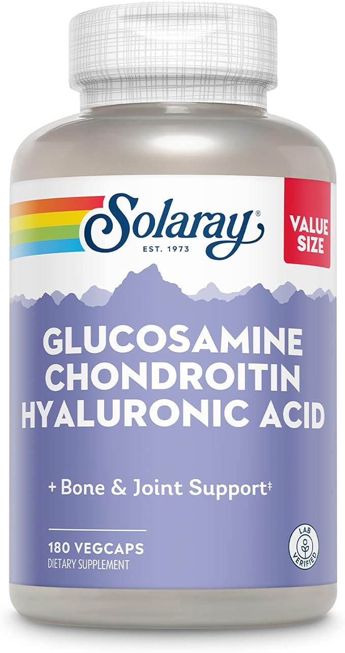 Solaray Glucosamine Chondroitin Hyaluronic Acid, Healthy Bone and Joint Support Supplement Plus Vitamin C for Enhanced Absorption, Lab Verified, 60-Day Guarantee, 60 Servings, 180 VegCaps