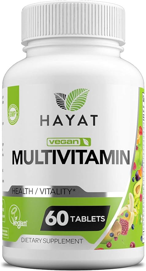 HAYAT Vitamins Vegan Natural Multivitamin, Daily Vitamins with Vitamin A, C, D, E, B1, B2, B3, B6, B12, Biotin, Zinc and More, 2 Month Supply, All Natural, Certified Halal, 60 Tablets, Made in The USA