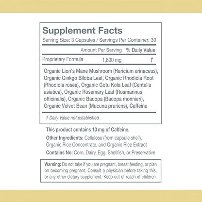 Nootropic Brain Supplement for Healthy Memory, Focus, Cognition | Balanced Fusion of Organic Lion’s Mane and 7 Power Plants | Neuro Protective Formula | Brain Boost | Adaptogens | Non-GMO. 90 caps.