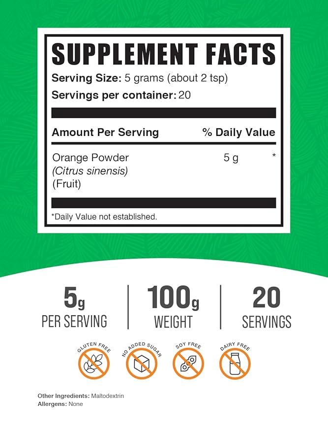 BulkSupplements.com Orange Powder - Orange Fruit Powder, Orange Supplement Powder - Nutrient-Rich Flavoring, Gluten Free, 5g per Serving, 100g (3.5 oz) (Pack of 1)