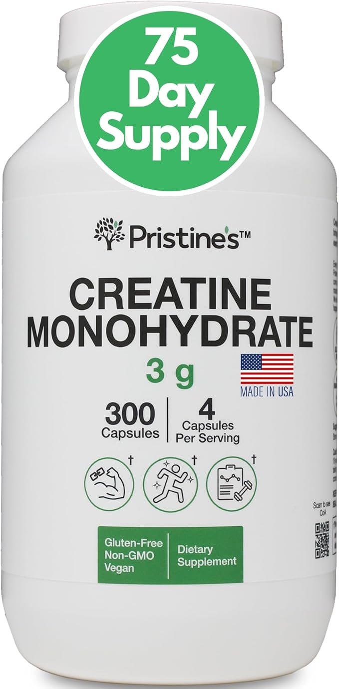 PRISTINE'S Creatine Monohydrate Capsules for Women & Men - No Bloat 75 Day Supply 3G Muscle Growth Support Supplement - Cognitive & Athletic Performance Support - Enhanced Recovery