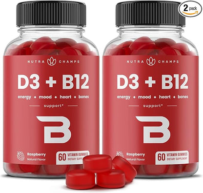 Vitamin D3 & Vitamin B12 | Methyl B12 Gummies for Adults & Kids | Enhanced with Vitamin D 3 & B9 Vitamin Folate | Natural Energy, Mood, Metabolism & Focus | Raspberry | 120 Gummies (2 Pack)