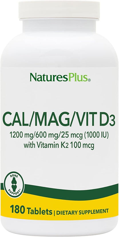 NaturesPlus Cal/Mag/VIT D3 with Vitamin K2- 180 Tablets - Bone Health Supplement with Calcium, Magnesium, Vitamin D3 and K2 - Gluten-Free - 45 Servings