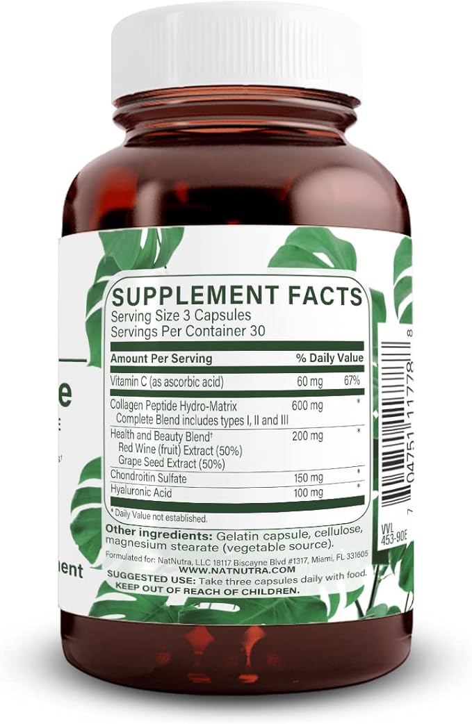 Natural Nutra RegenerAge Complete Supplement for Skin Health with Protein Peptides, Reduce Stretch Marks, Contributes Overall Health, Vitamin C, Grape Seed Red Wine Extract, Gluten Free, 90 Capsules.