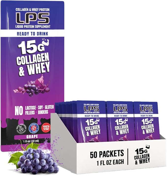 Nutritional Designs LPS Liquid Collagen & Whey Protein Supplement - Non-GMO Drink, Sugar-Free - Promotes Healthy Skin & Hair for Men & Women, Grape, Single Serve (50 Packets)