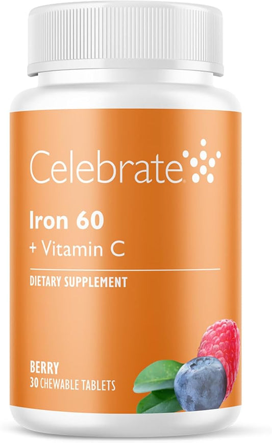 Celebrate Vitamins Iron Supplement with Vitamin C - 60mg Iron, 60mg Vitamin C, Bariatric Vitamins for WLS Patients, Vertical Sleeve & Gastric Bypass Surgery - Berry, 30 Chewable Tablets