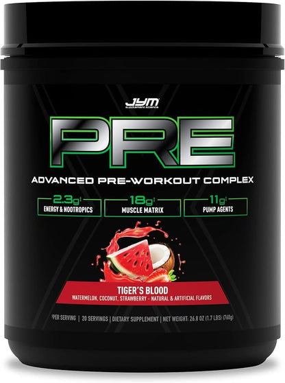 Pre JYM X Tiger’s Blood Advanced Pre-Workout Powder Massive Pumps, Citrulline Nitrate, Dynamine, NO3T Betaine, BCAA’s, Nootropics, Creatine, Beta-Alanine, JYM Supplement Science, 20 Servings