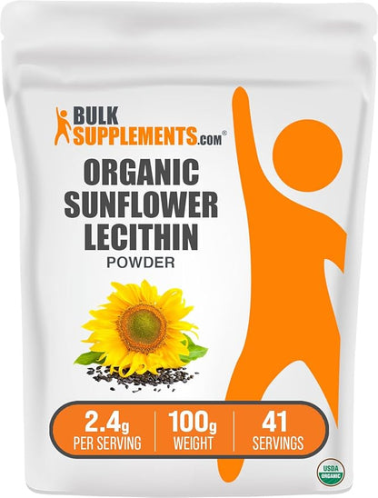 BulkSupplements.com Organic Sunflower Lecithin Powder - Sunflower Lecithin Supplement, Lecithin Powder Food Grade - Vegan & Gluten Free, 2400mg per Serving, 100g (3.5 oz) (Pack of 1)