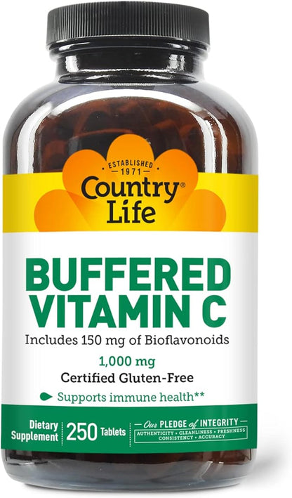 Country Life Buffered Vitamin C 1000mg with Bioflavonoids, Calcium, Magnesium, Potassium - Immune Support, Vegan Capsules, Gluten-Free, Gentle on Stomach - 250 Tablets