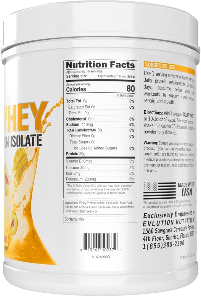 Evlution Nutrition Clear Whey - 100% Whey Protein Isolate - for Muscle Growth, Strength & Recovery - 20g Isolate Protein Per Serving - Fast Absorbing - Gluten & Fat Free - 1.1lb - Peach Mango