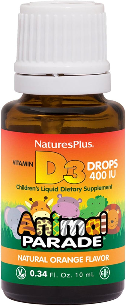 NaturesPlus Animal Parade Source of Life Liquid Vitamin D3 Drops for Children - 200 iu, 10 ML - Orange Flavor - Bone Health & Immune System Support Supplement - Gluten-Free, Vegetarian - 365 Servings