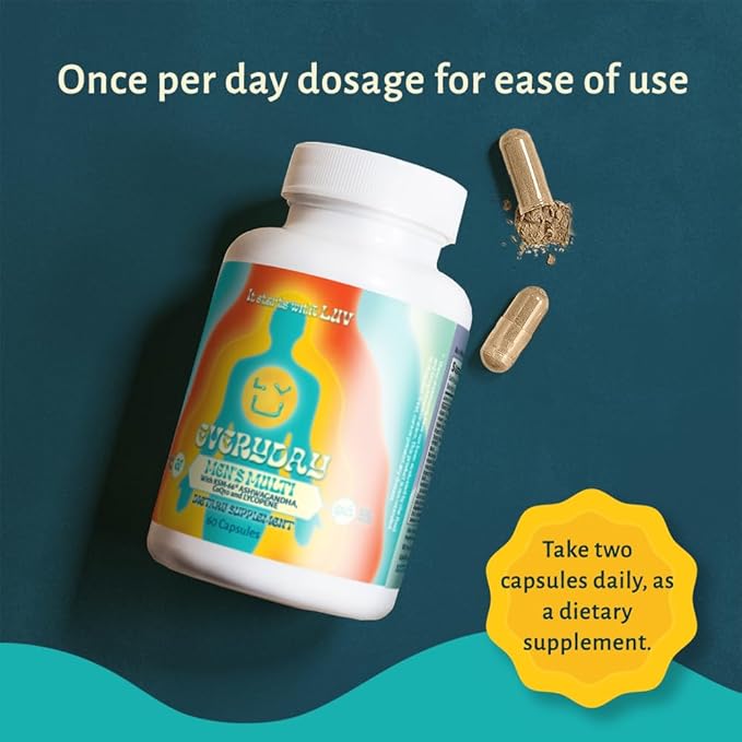 LUV Everyday™ Men's Multivitamin Men's Adult Formula Daily Nutritional Support with Iron Calcium KSM-66 Ashwaganda CoQ10 and Lycopene - Highly Bioavailable Non GMO Gluten Free Vegetarian - 60 Capsules