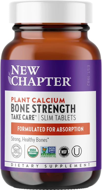 New Chapter Calcium Supplement - Bone Strength Organic Calcium with Magnesium, Vitamin D3+K2, 70+ Trace Minerals for Bone Health, Gluten Free, Easy to Swallow Slim Calcium Tablets - 180 Count